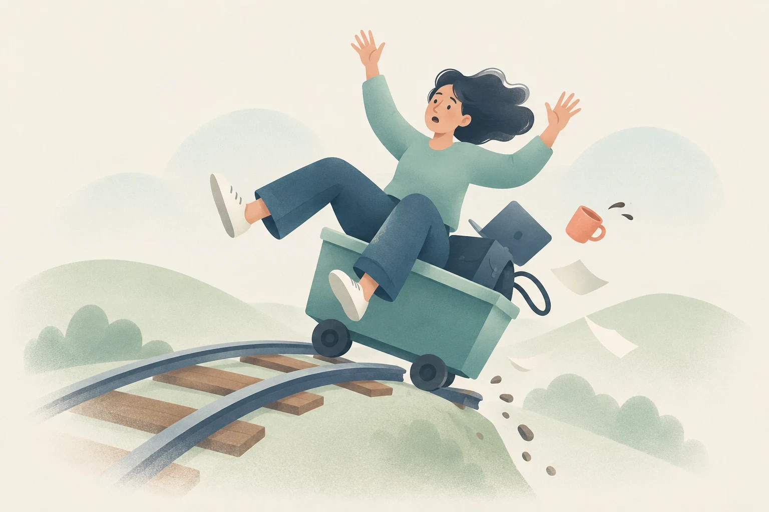 A startled woman tumbles in a cart leaving broken railway tracks, with a bag, cup and papers flying around her in a soft pastel landscape.