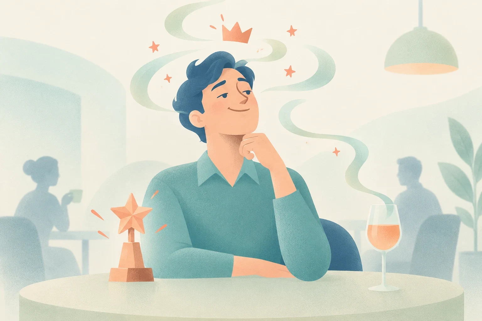 An editorial illustration of a proud man sitting at a cafe table beside a star trophy and a wine glass, with vapors forming a crown over his head.