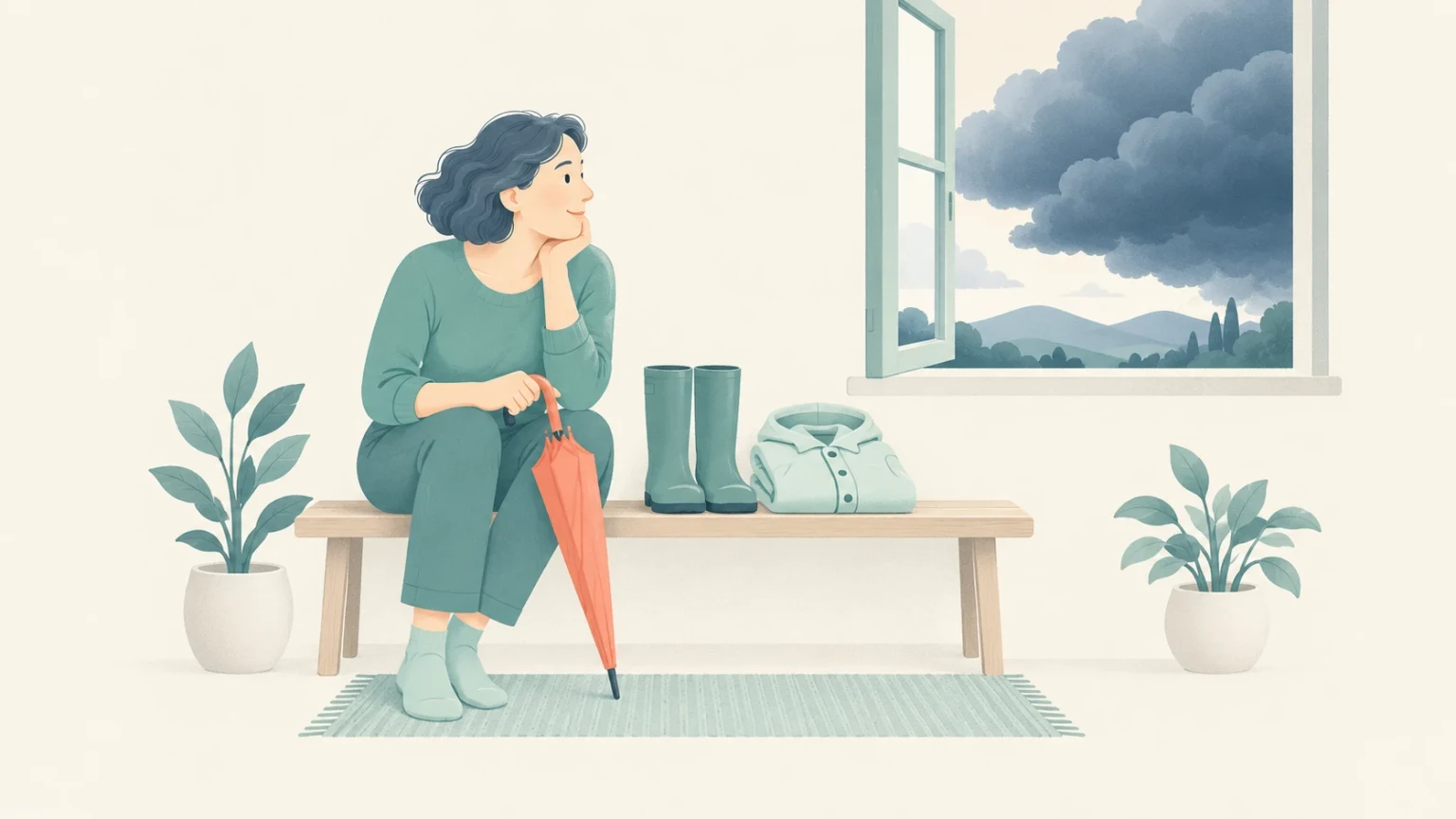 A seated woman holds a closed umbrella beside rain boots and a folded raincoat, looking toward dark clouds through an open window.