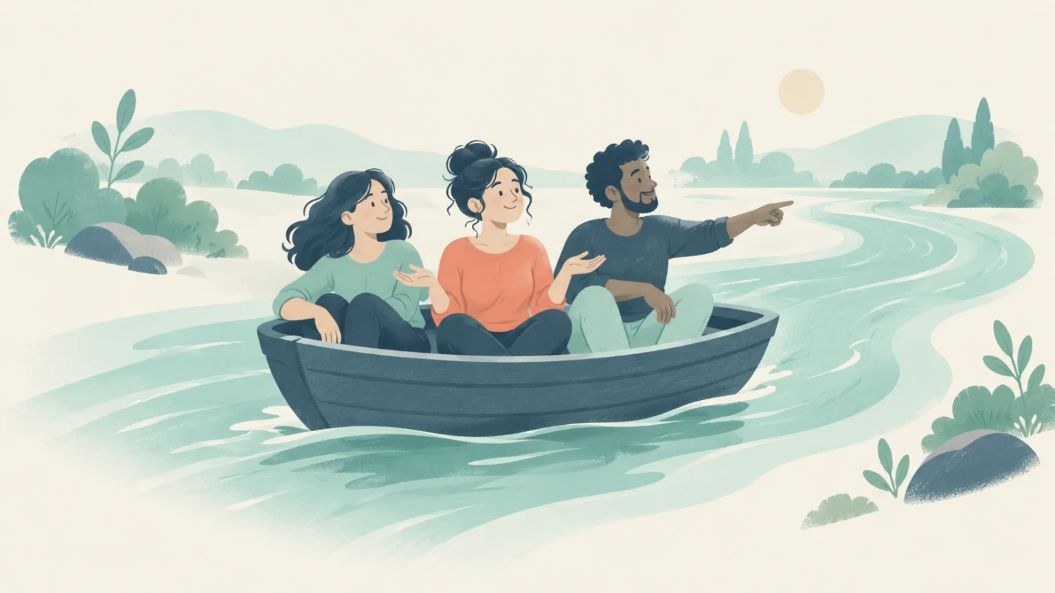 An editorial illustration of three smiling friends sitting in a small rowboat as it drifts downstream along a winding river.