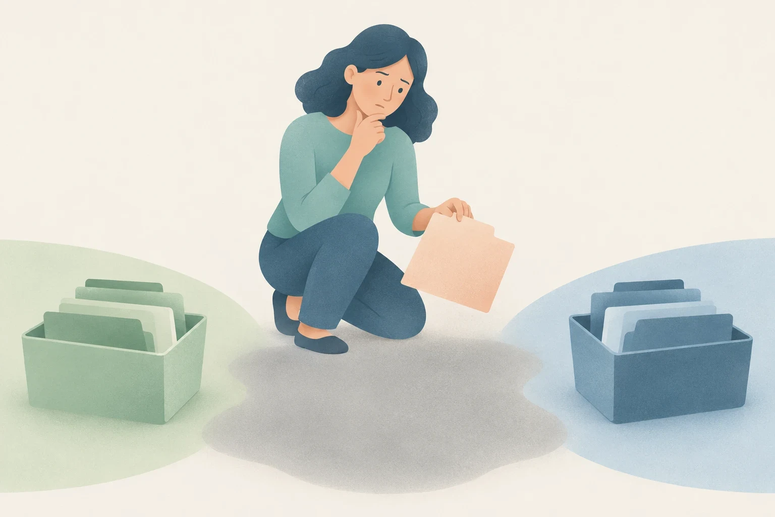 An editorial illustration of a woman kneeling thoughtfully between green and blue file boxes, holding a folder over a grey shape on the floor.