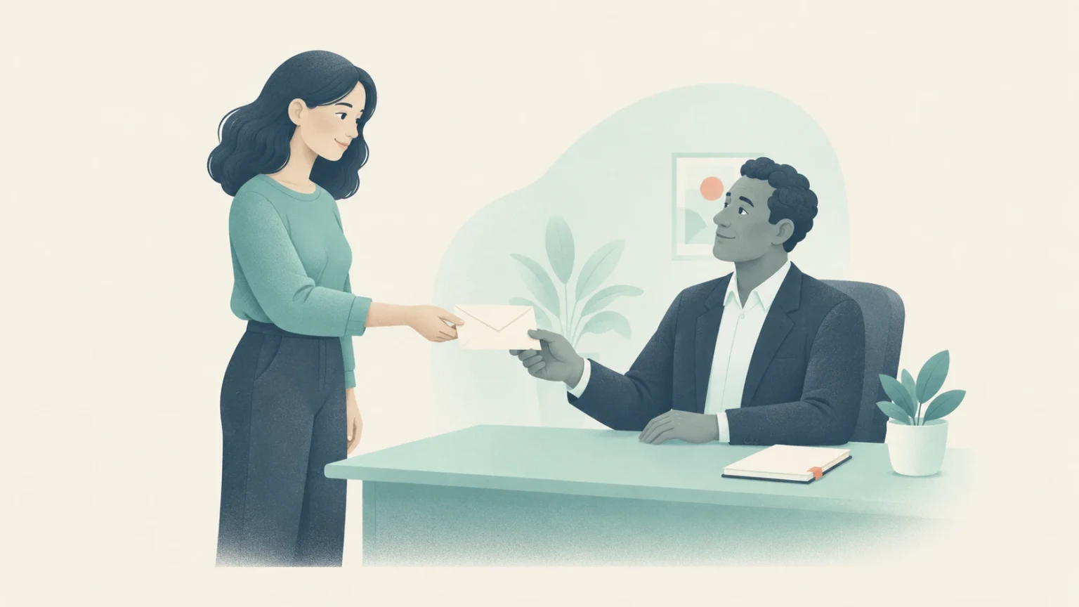 An editorial illustration of an employee handing a resignation envelope across a desk to her seated manager in an office.