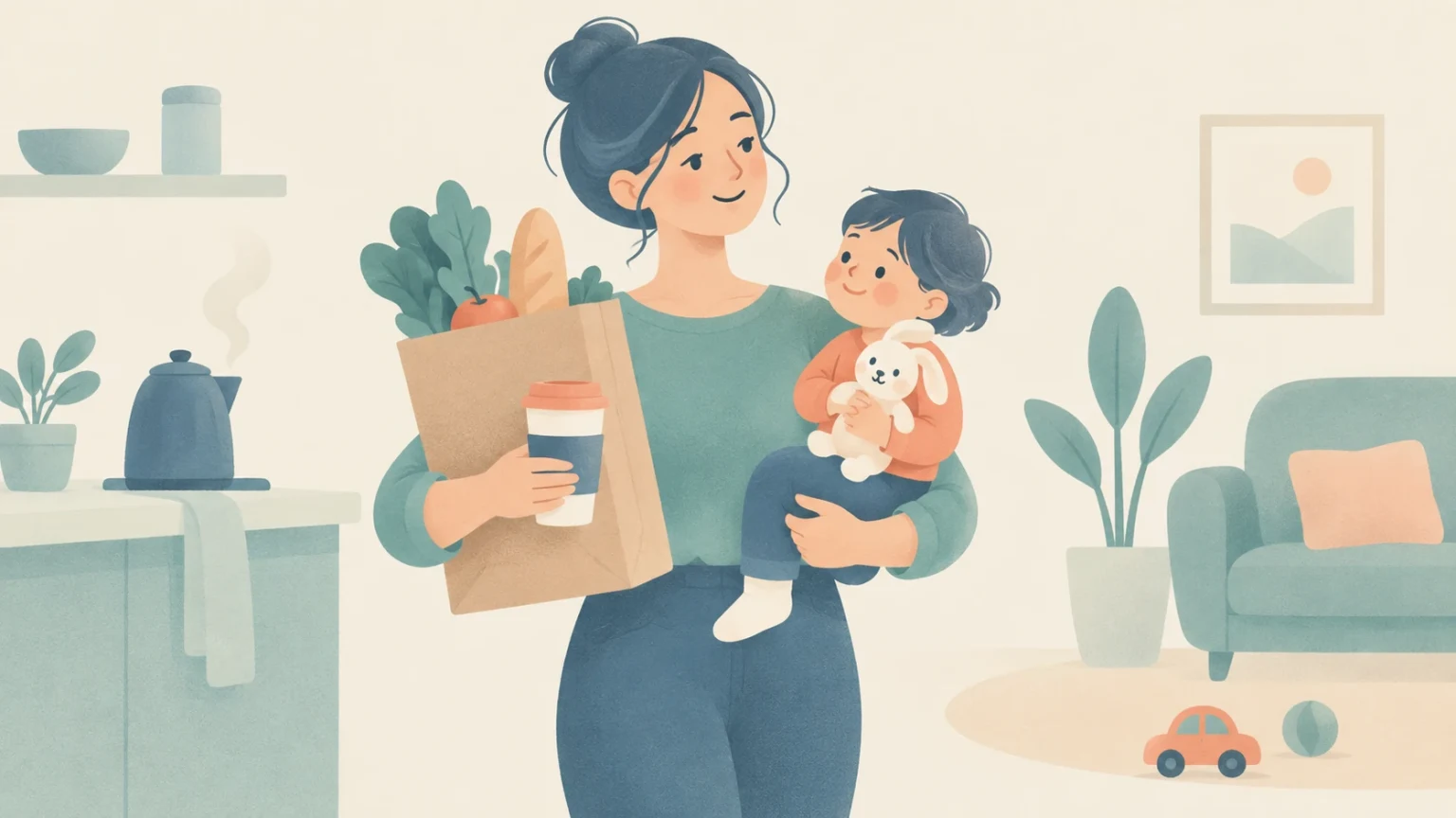 A mother carries a young child holding a toy bunny while balancing a grocery bag and takeaway cup in a softly illustrated home.