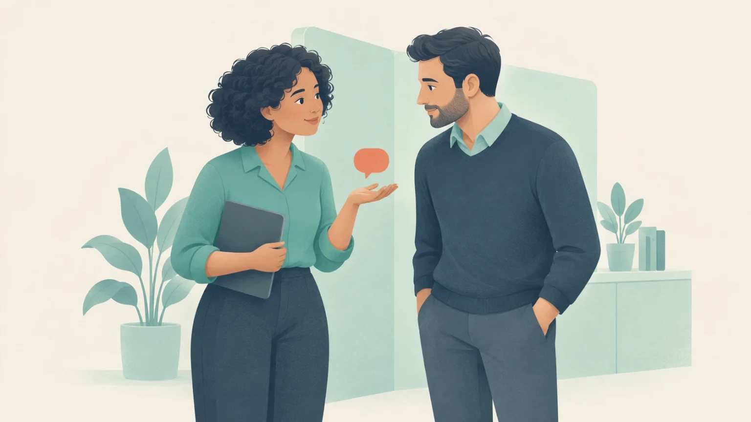 A woman holding a folder gestures toward a man during a quiet office conversation, with a small blank speech bubble between them.