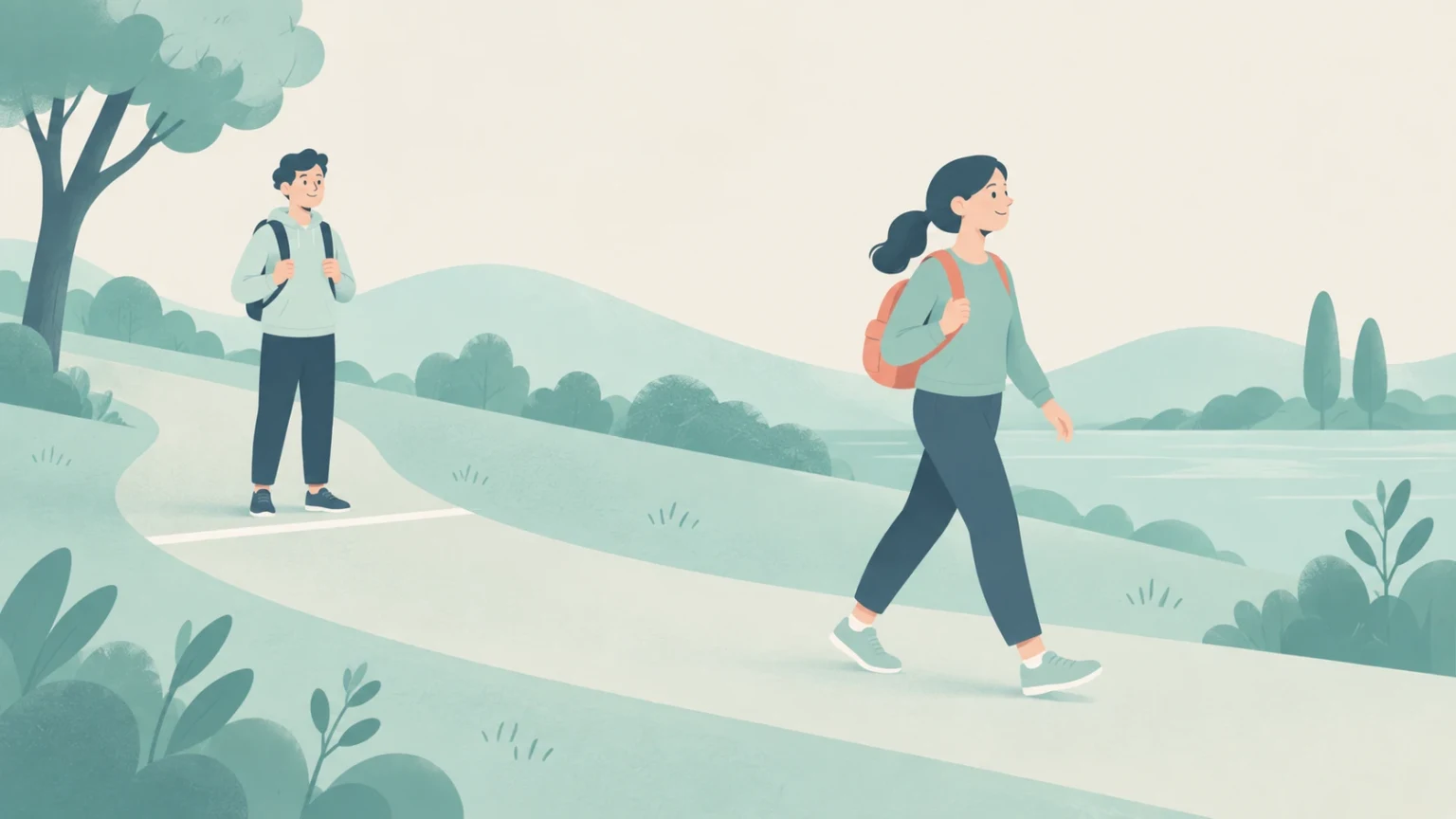 A woman with a backpack walks ahead along a path, having gained a lead from the starting line where a man stands.