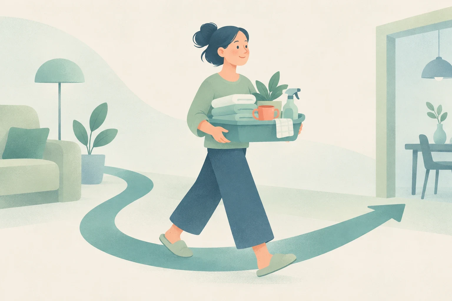 A woman carries towels, a plant, a mug, and cleaning supplies together in a basket, following a curved arrow through a softly illustrated home.