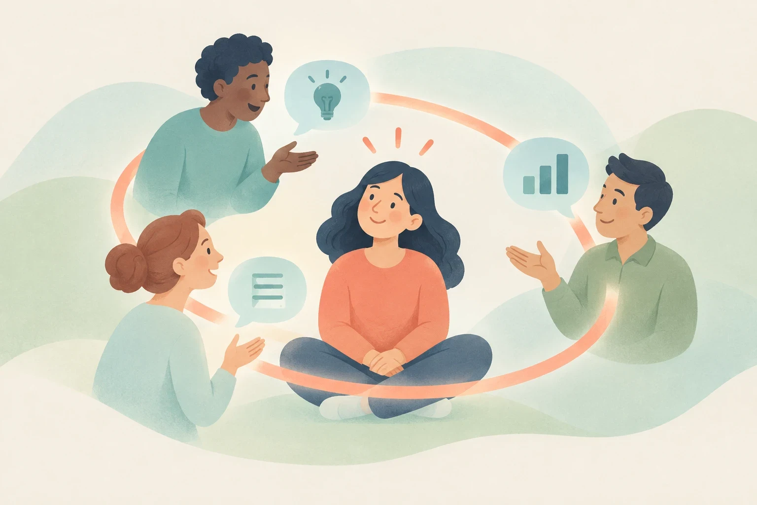 An editorial illustration of a woman seated inside a glowing circular loop surrounded by three colleagues sharing ideas and project updates via speech bubbles.