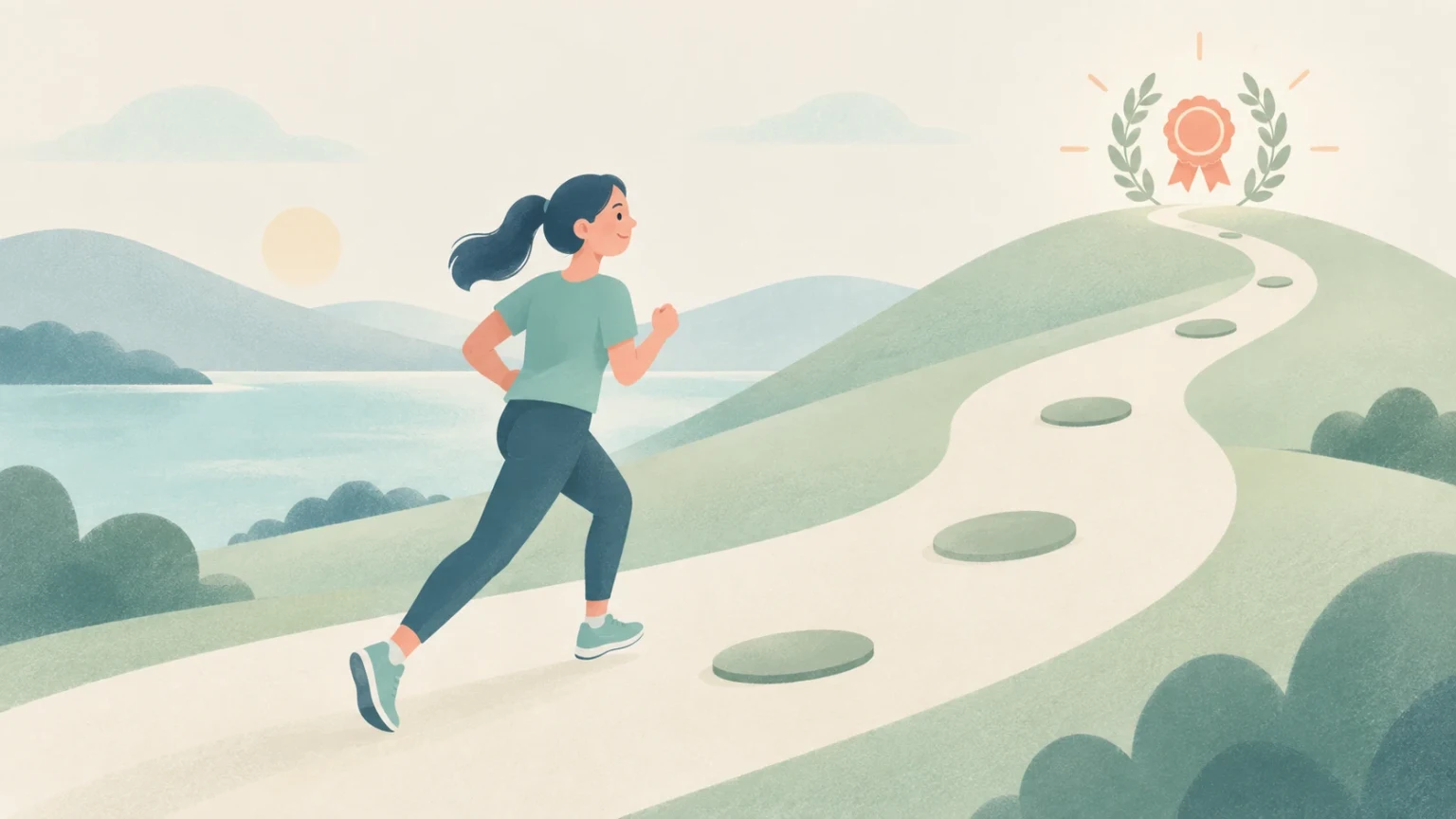 A woman runs along a winding uphill path toward a medal framed by laurel leaves, with soft green hills and a lake behind her.