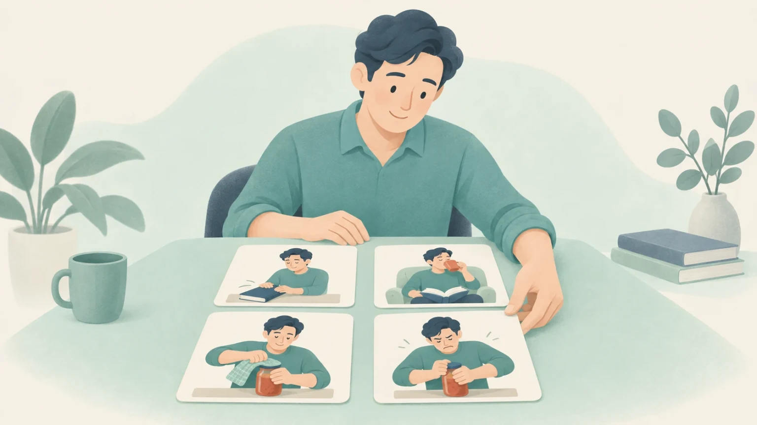 A man reviews four illustrated cards showing pausing reading, drinking while reading, opening a jar with a cloth, and struggling to twist a jar lid.