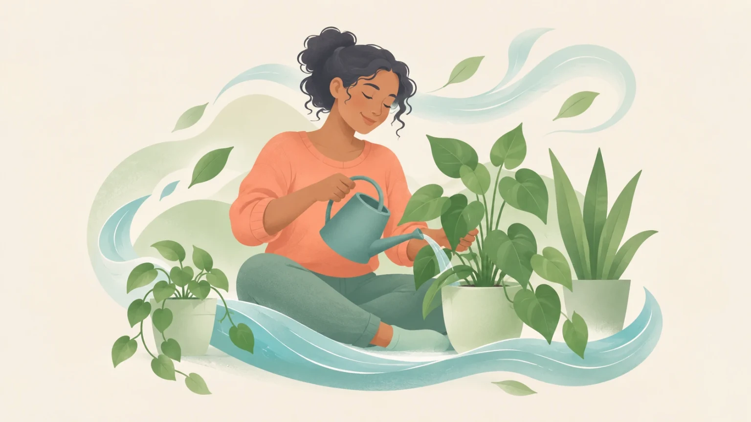A relaxed woman sits among leafy houseplants, smiling as she waters them with a teal watering can, surrounded by flowing decorative shapes.