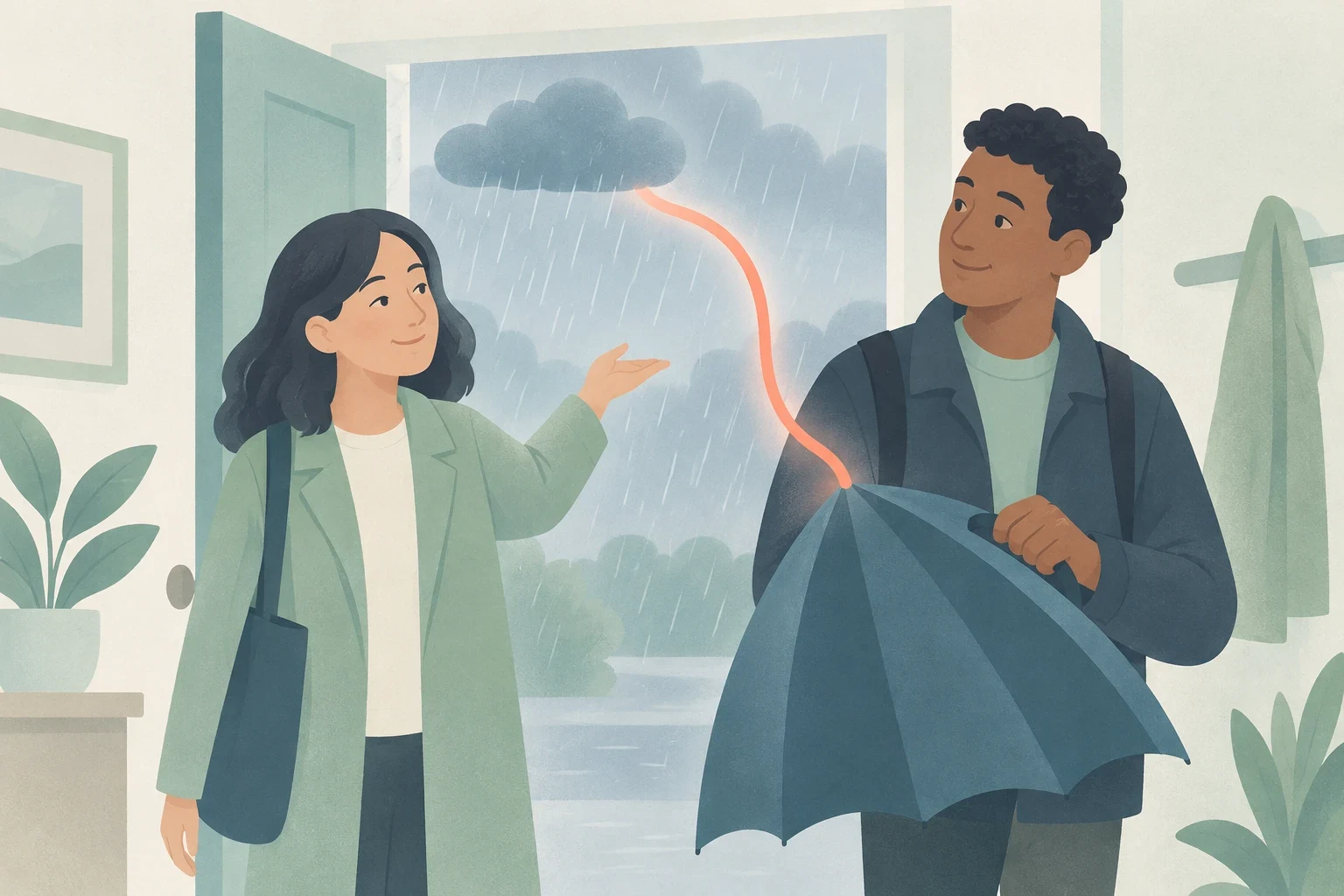 A woman gestures toward rain outside an open door as a smiling man holds an umbrella connected to a rain cloud by a glowing line.