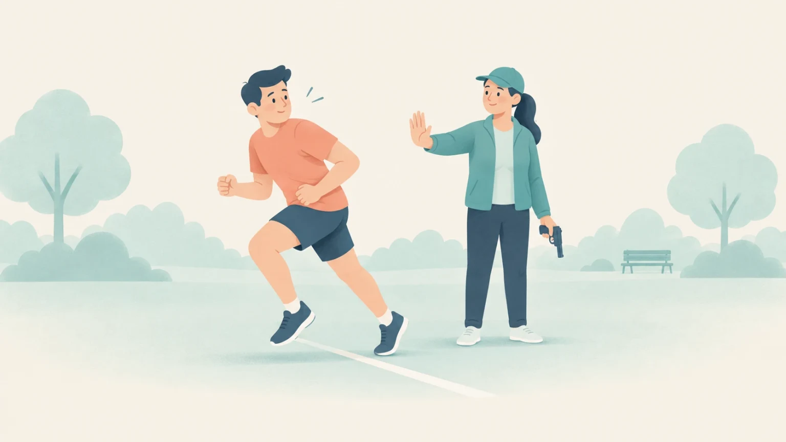 An editorial illustration of a runner sprinting across a starting line as a race official raises a hand to signal a stop while holding a starter pistol.