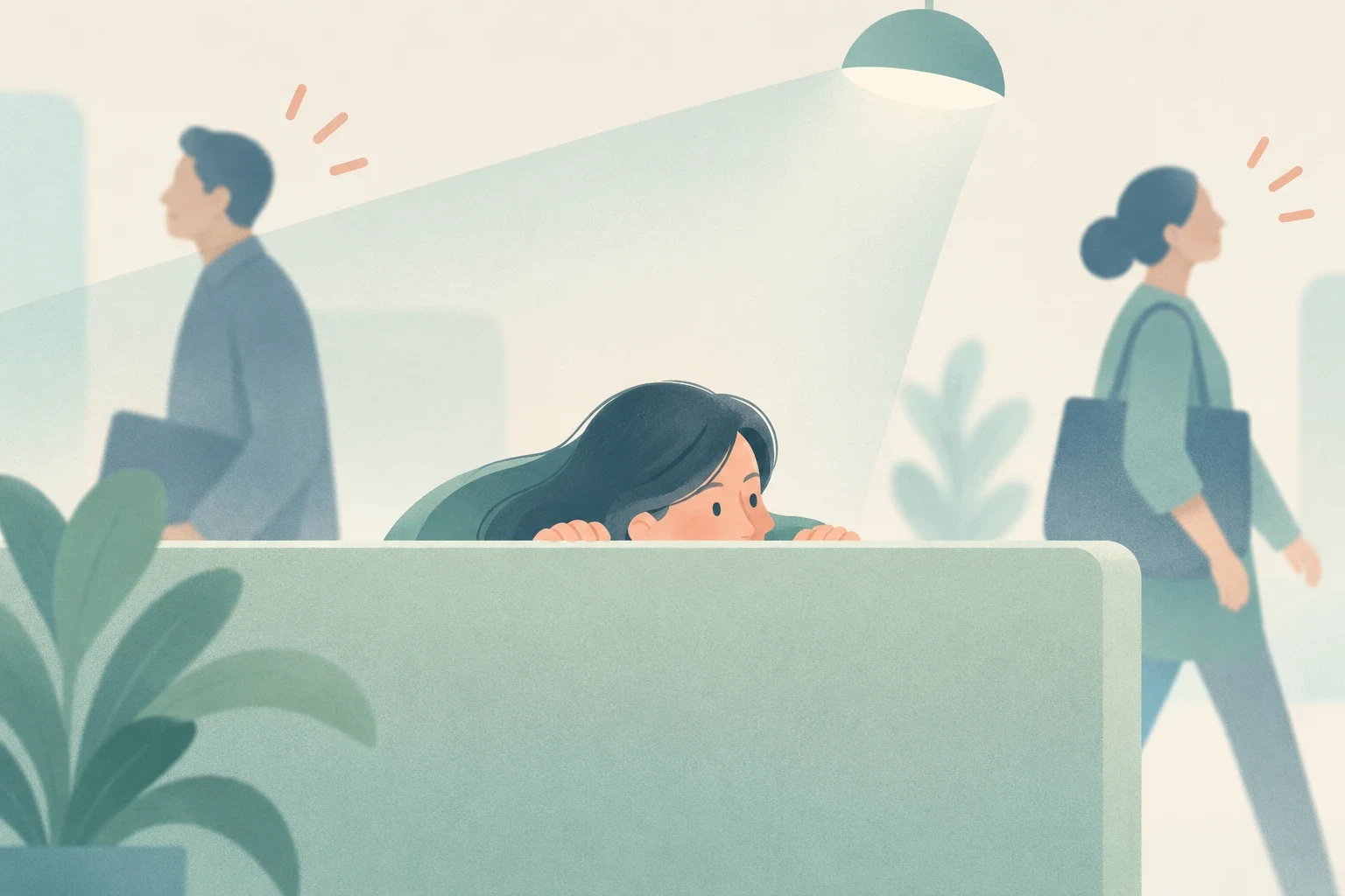 A woman crouches behind an office partition, peeking over its edge as two people walk past, in a soft teal editorial illustration.