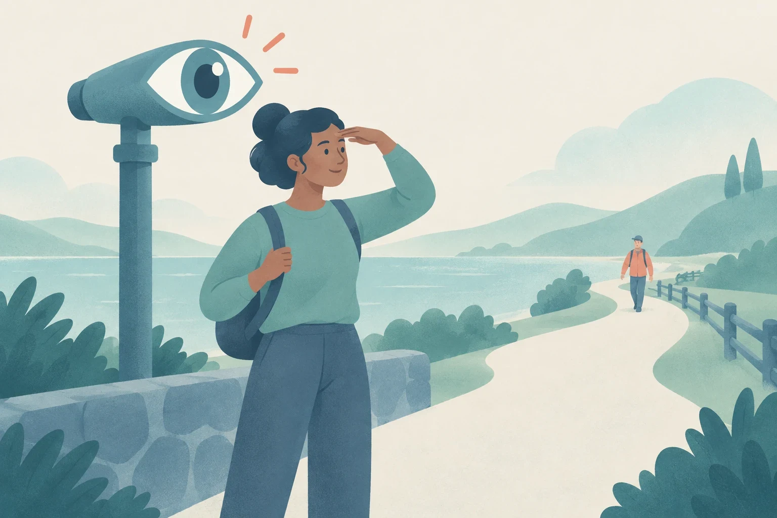 A woman shields her eyes to look down a coastal trail toward an approaching hiker, standing beside an eye-shaped viewer.