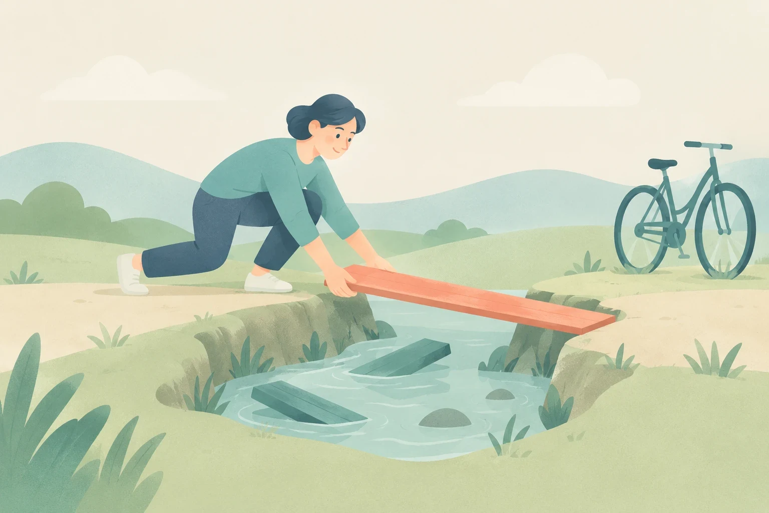 A person lays a wooden plank across a stream beside broken bridge boards, with a bicycle waiting on the opposite bank.