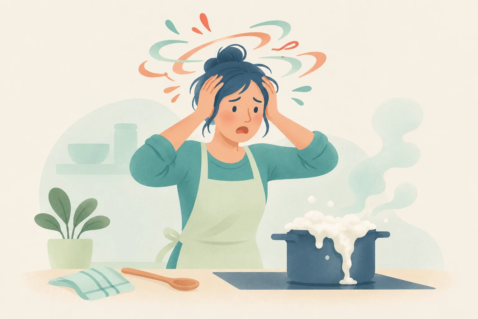 A distressed woman holds her head as a pot boils over in a kitchen, with colorful swirls above her illustrating panic.