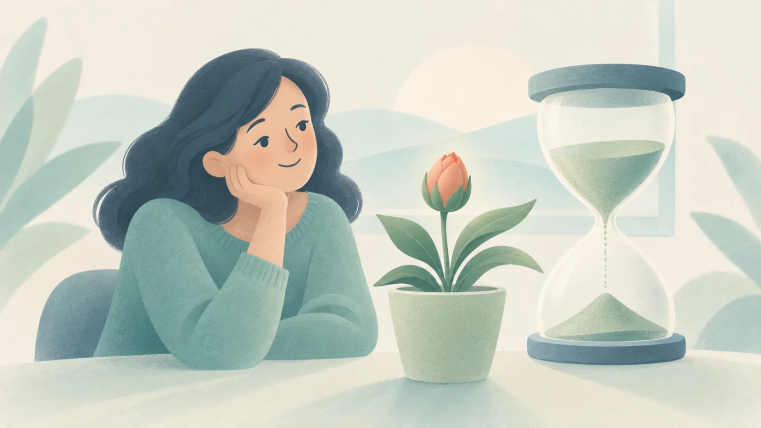A woman rests her chin on her hand beside a potted flower bud and an hourglass, suggesting patient anticipation as time passes.