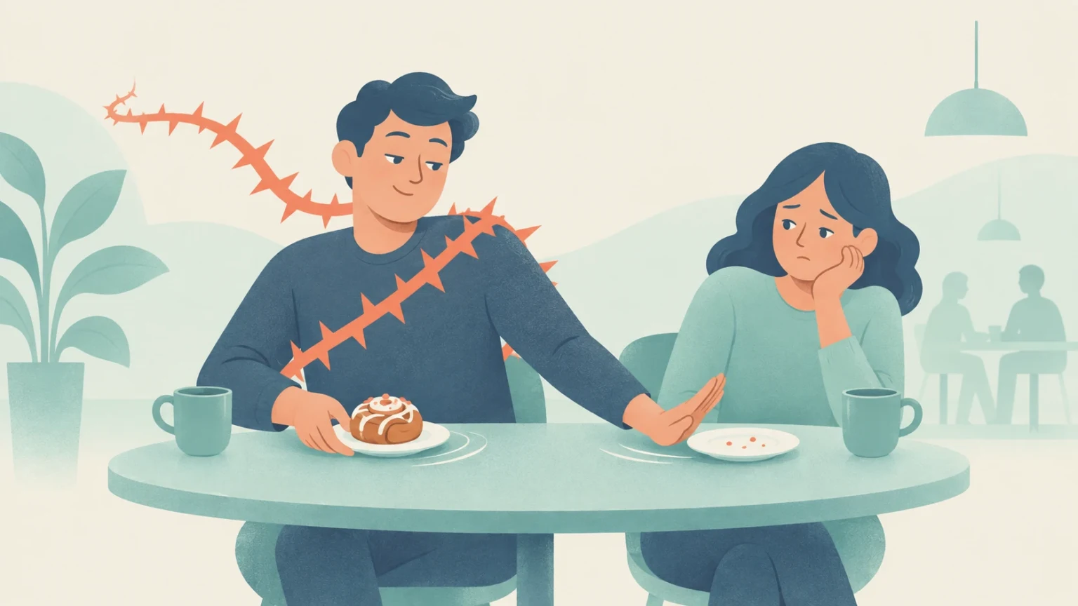 A smug-looking man with an orange thorny streak across his torso guards a pastry while a sad woman sits beside an empty plate in a softly colored café.