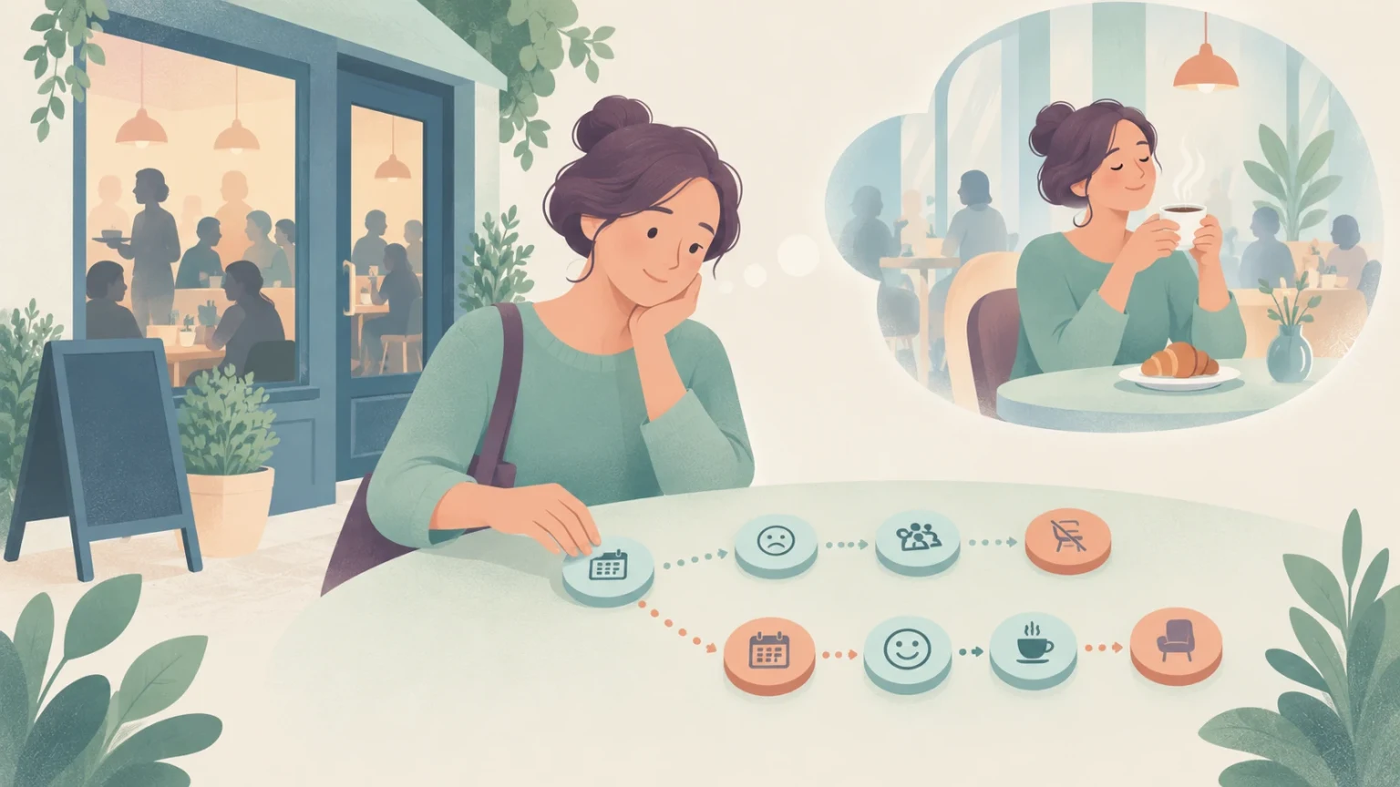 A woman outside a busy café imagines enjoying coffee inside, while branching calendar, mood, and seating icons suggest different choices and outcomes.