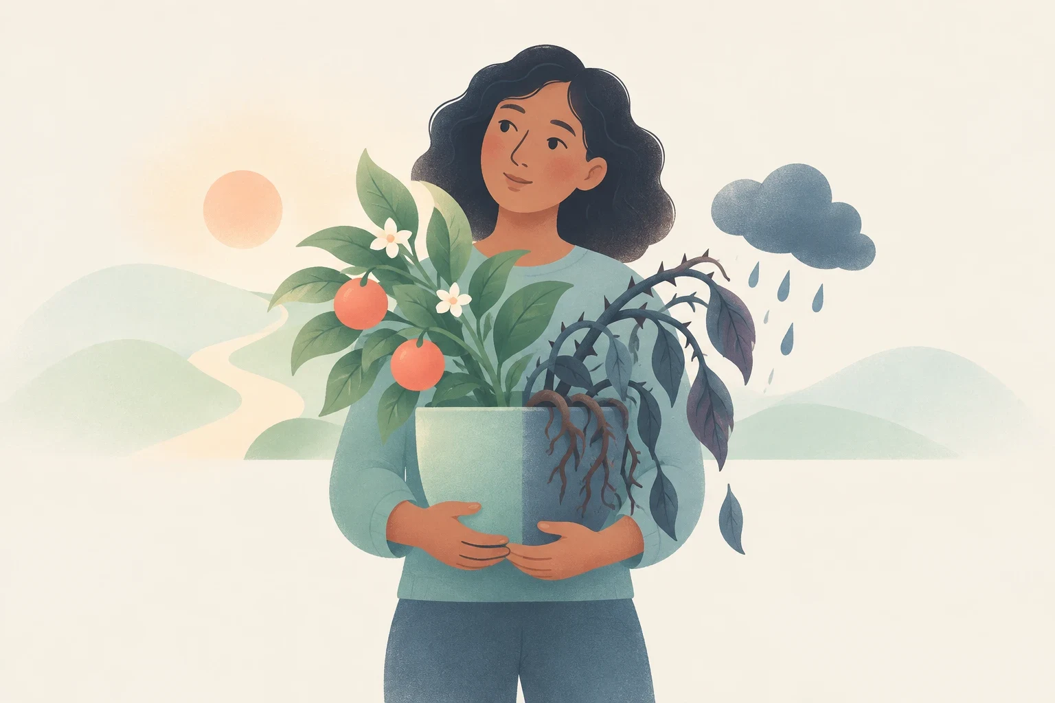 An editorial illustration of a woman holding a potted plant that is blooming and bearing fruit on one side while withered and thorny on the other.