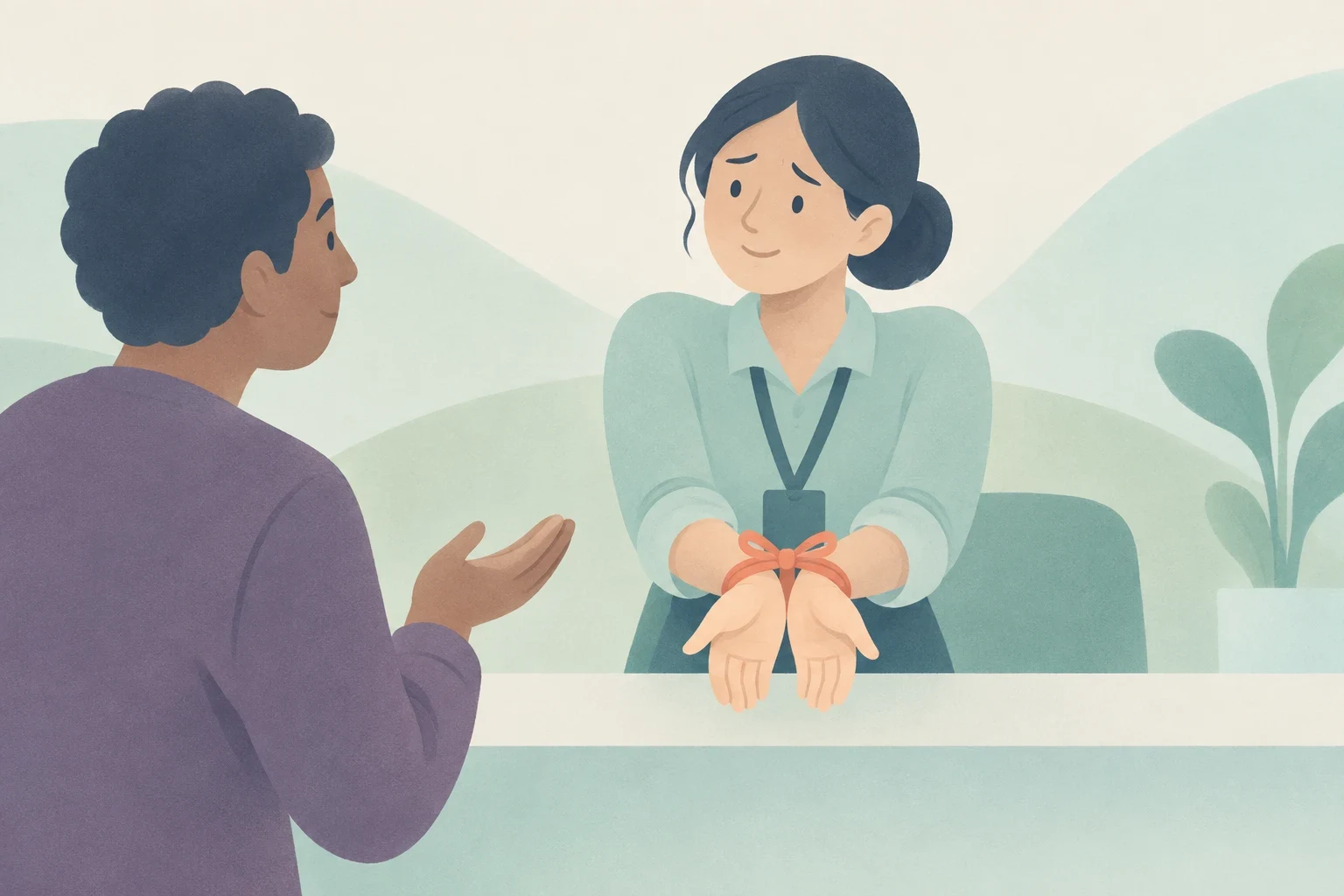 An editorial illustration of an office worker behind a counter with tied hands, speaking to a customer.