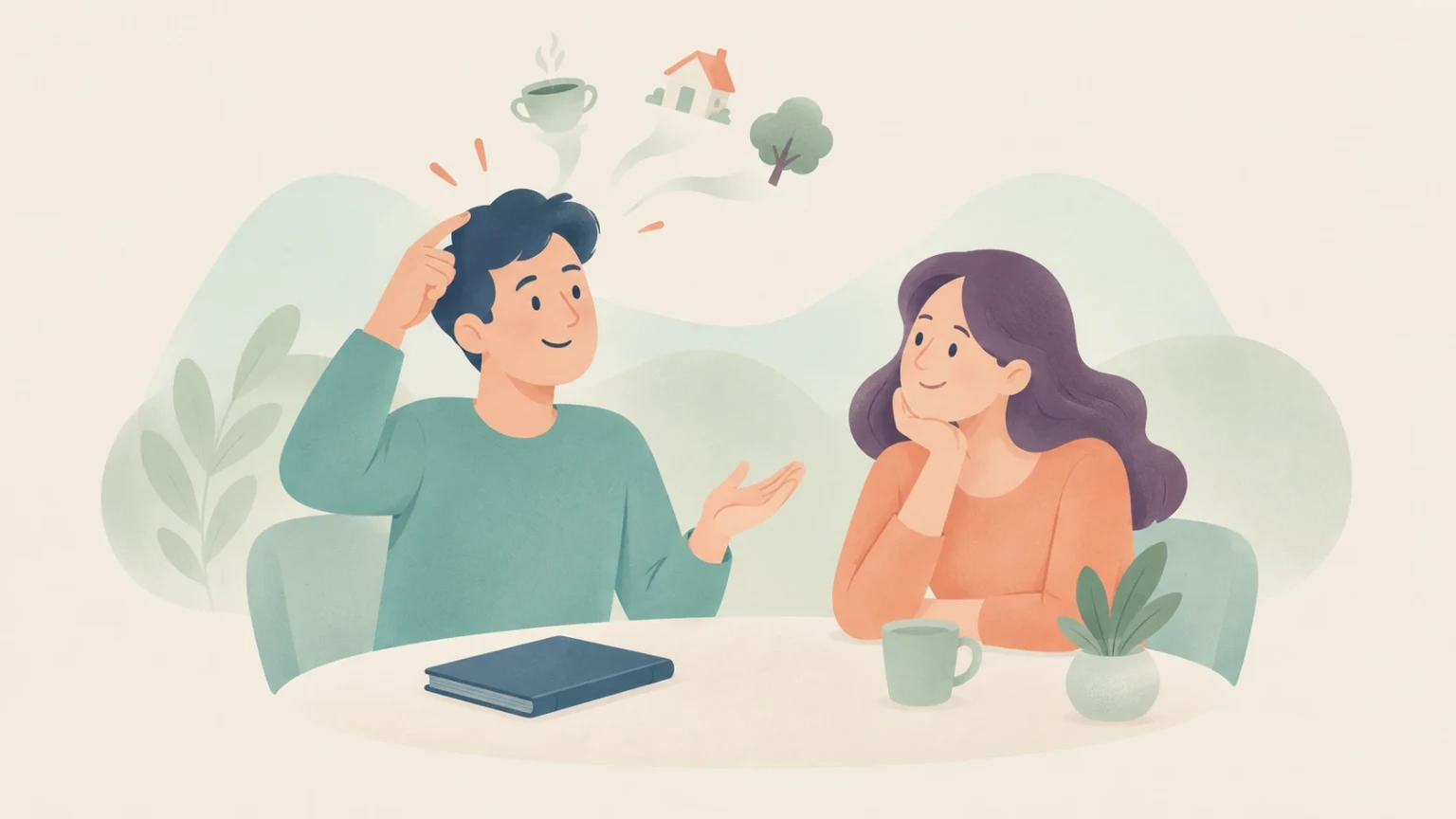 A man points to his head while talking to a woman at a table, with a cup, house, and tree floating above him to suggest recalled thoughts.