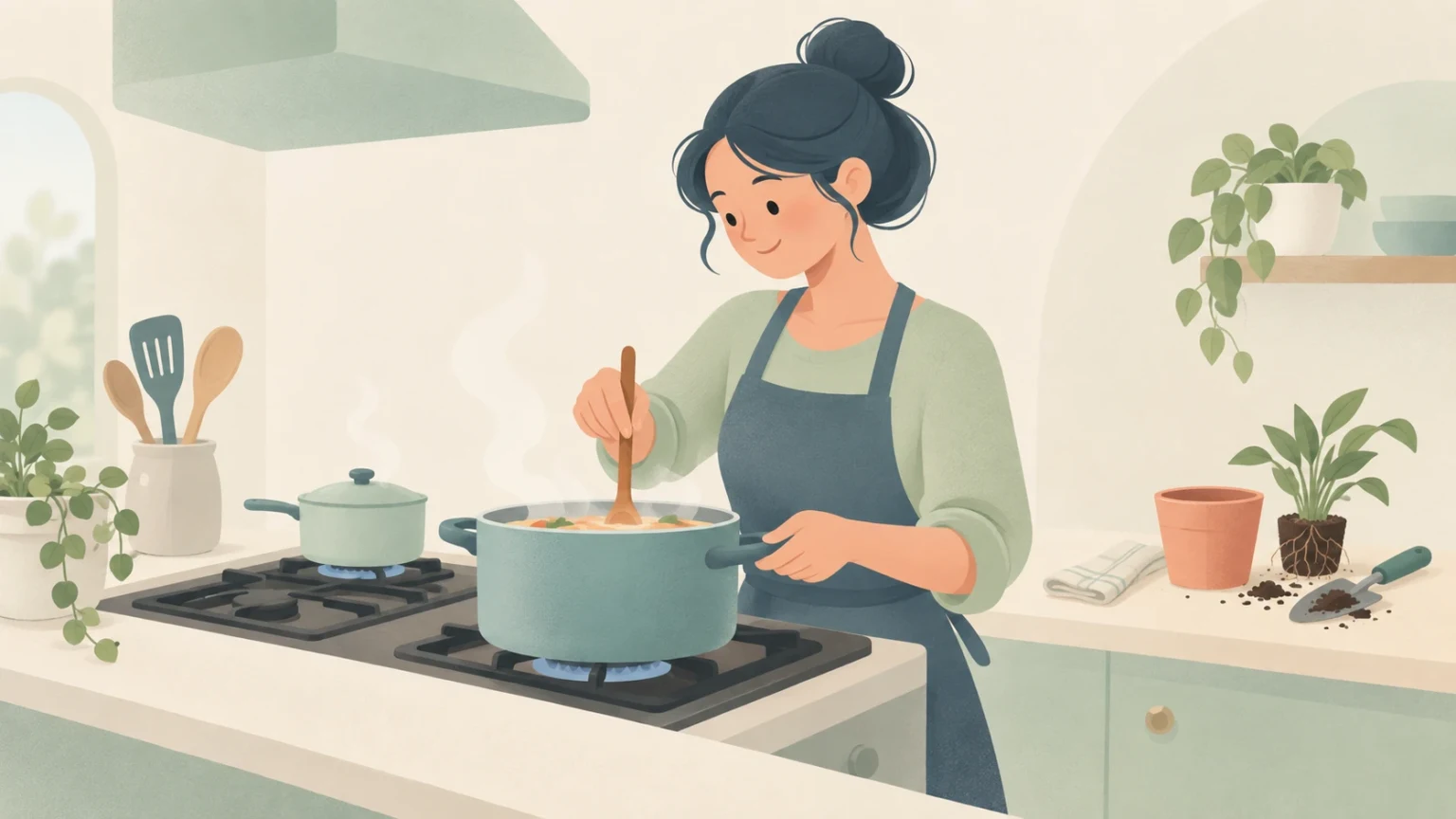 A woman stirs a large pot on the front burner while a smaller covered pot sits on a back burner, with unfinished plant potting nearby.