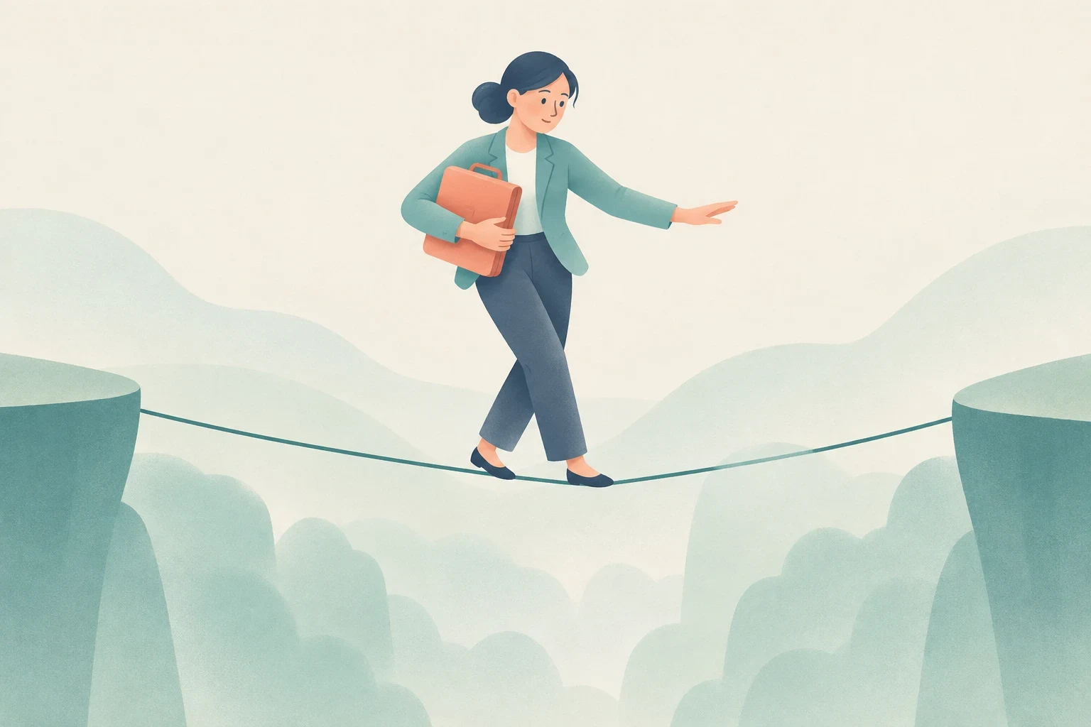 A businesswoman carrying a coral briefcase balances on a thin rope stretched between two cliffs above a misty chasm.