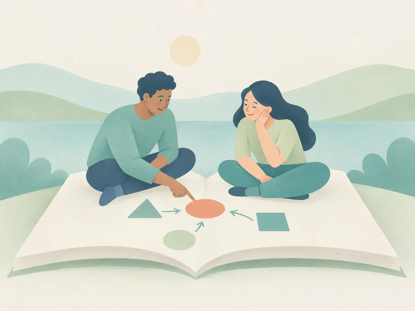 Two colleagues sit on an oversized open book examining a flowchart diagram together in a calm landscape.