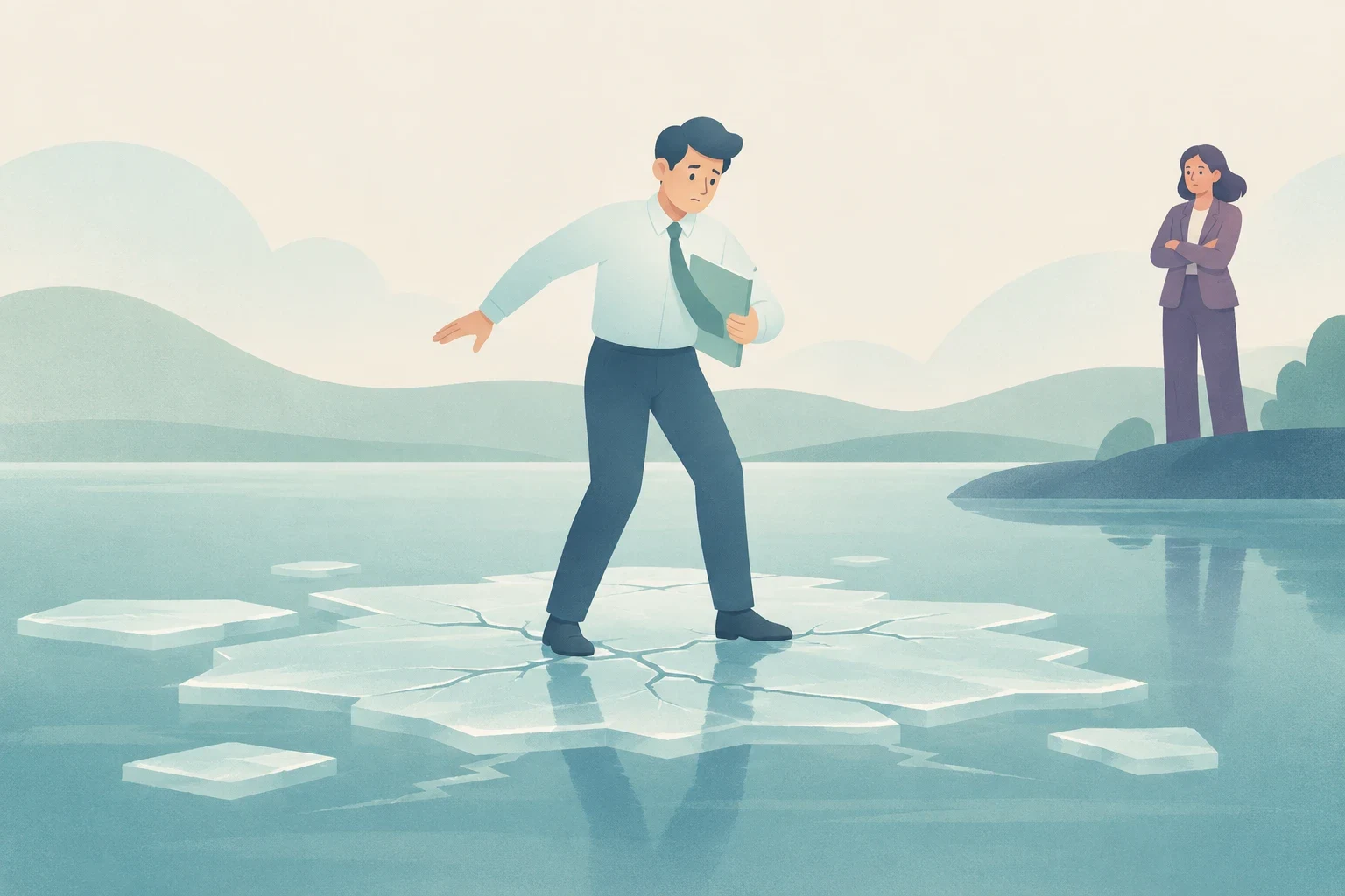 A worried man holding a folder balances on cracked ice while a stern woman stands on the shore with her arms crossed.
