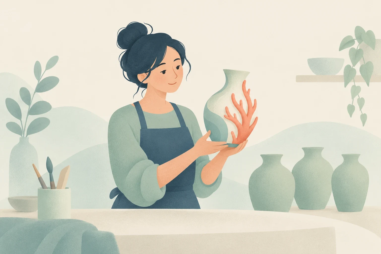 A potter holds a distinctive mint-green vase with coral-shaped decoration beside three simpler vases in a softly illustrated studio.