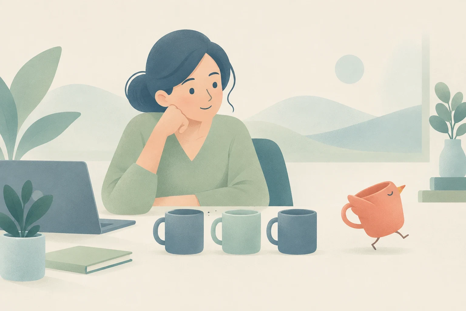 A woman at her desk smiles as an animated bird-shaped coffee mug runs past a row of ordinary mugs.