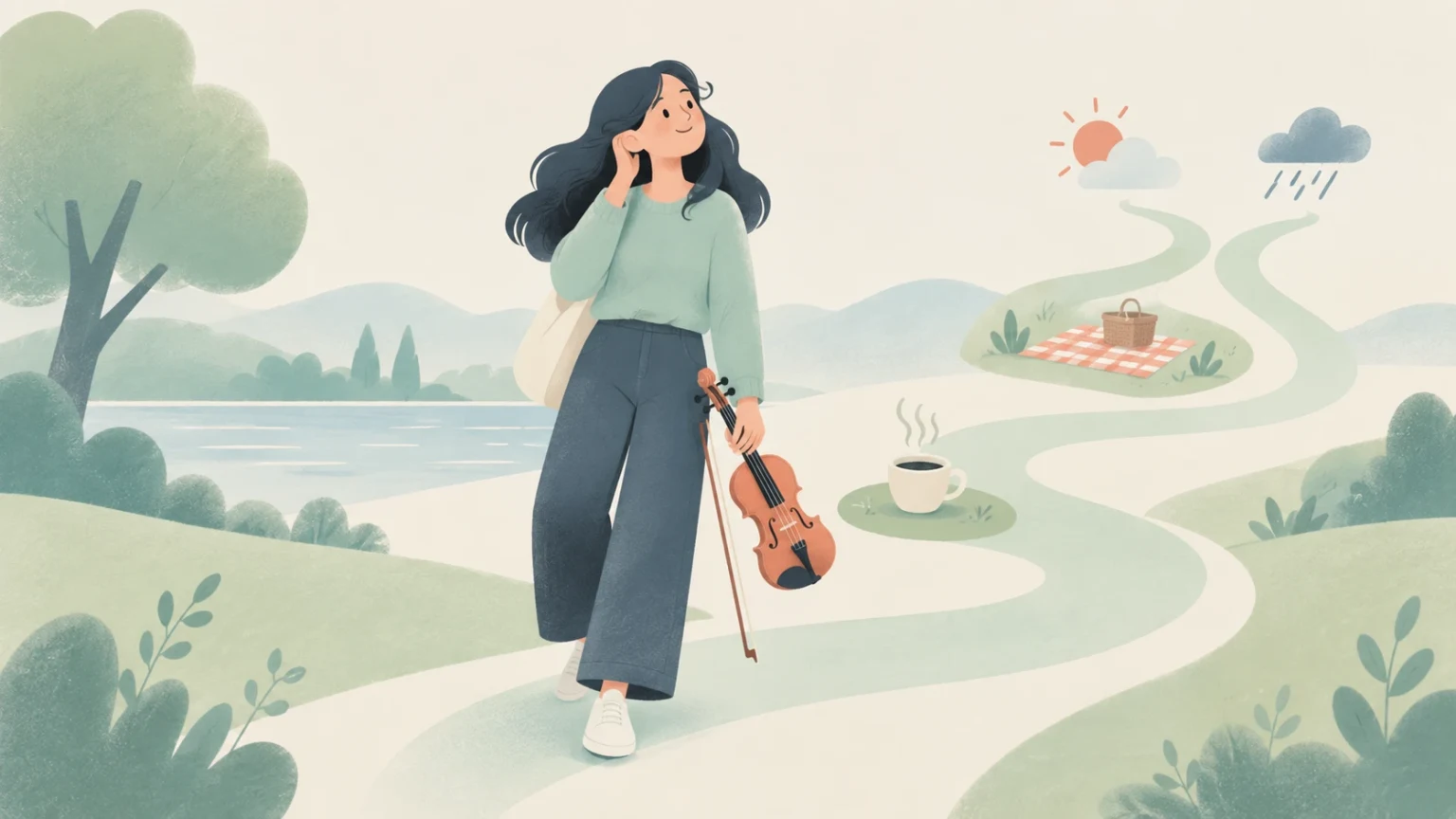 A woman holding a violin touches her ear while walking along a winding path branching toward sunny picnic and rainy weather options.