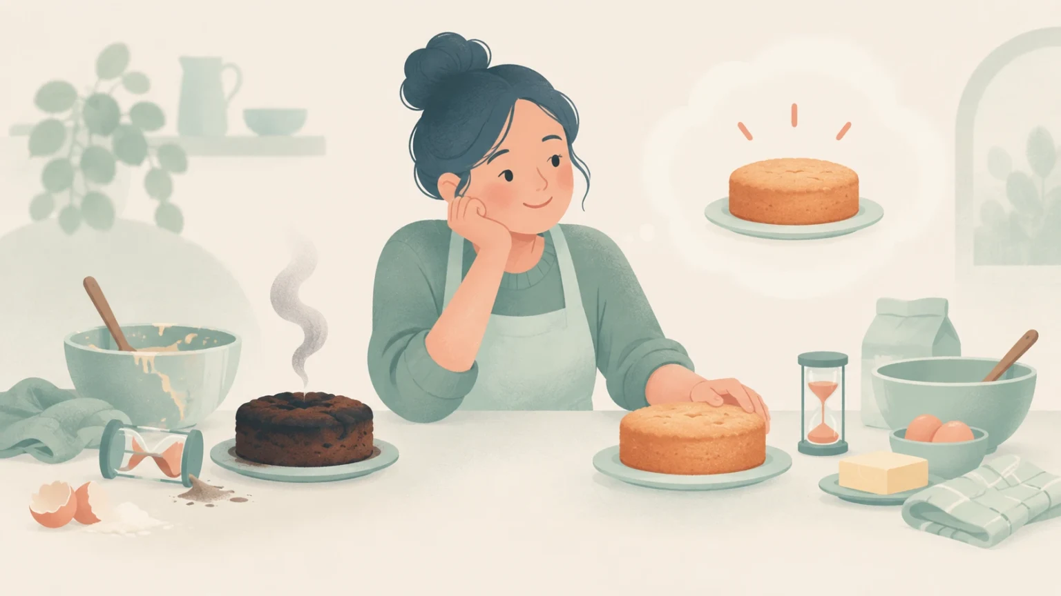 A woman in an apron imagines a golden cake while a burned cake smokes beside her, with timers, mixing bowls, and baking ingredients on the counter.