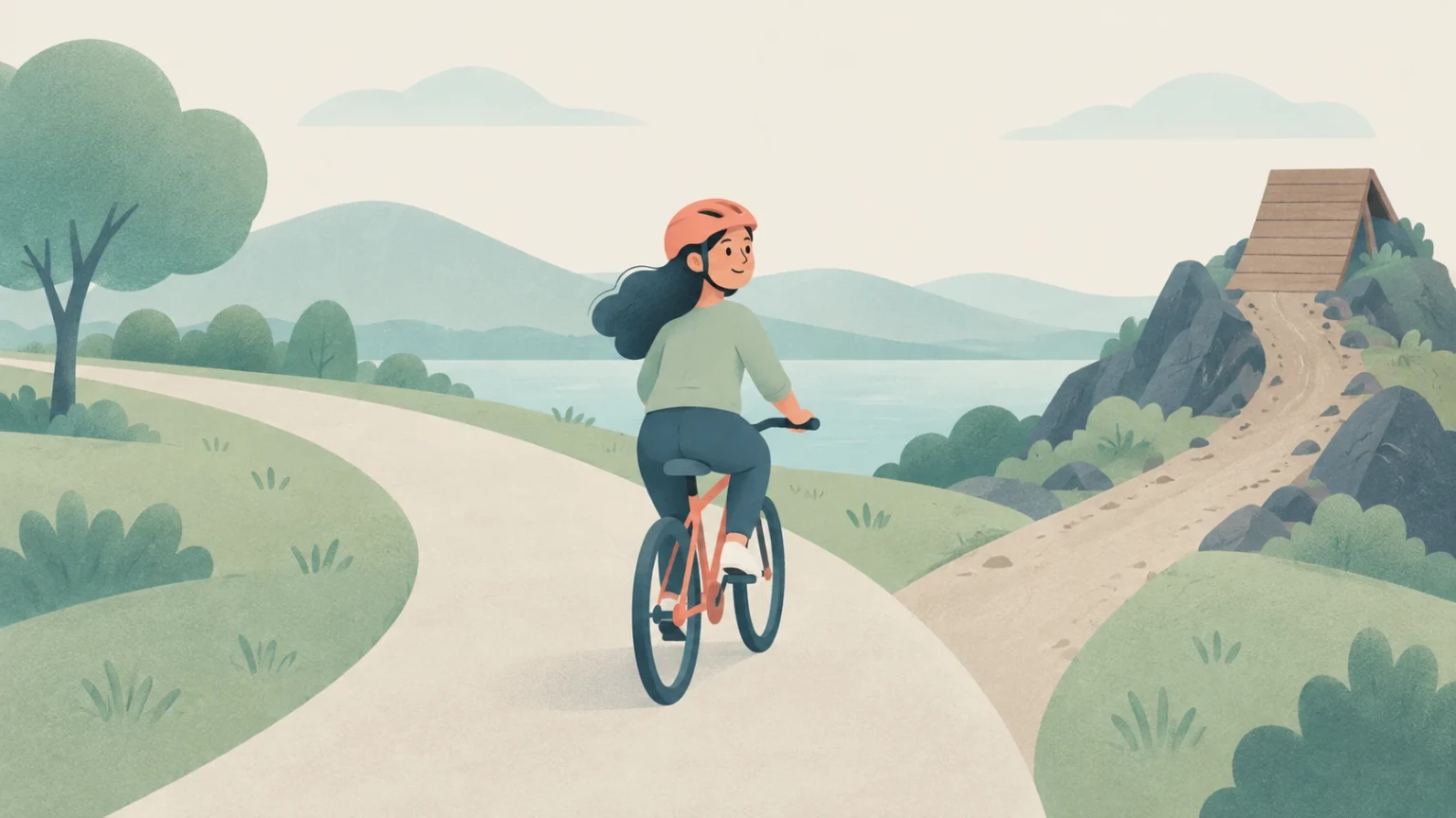 A helmeted cyclist follows a smooth lakeside path beside a rocky trail leading to a steep wooden ramp, illustrating a lower-risk choice.