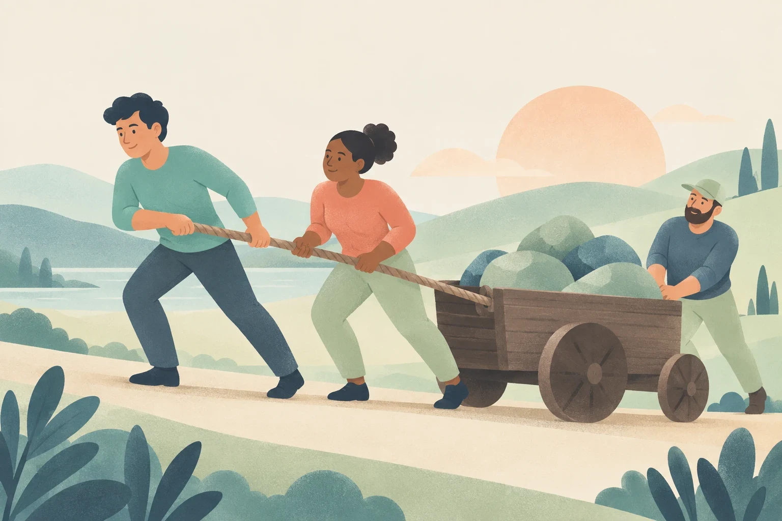 Three people work together to move a wooden cart loaded with large stones up a path, with two pulling a rope and one pushing from behind against a landscape with rolling hills and a rising sun.