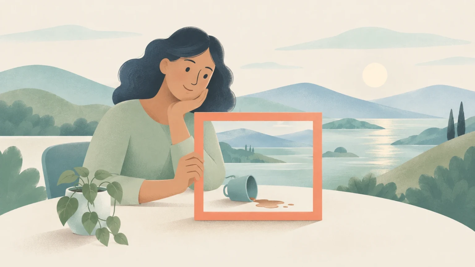 A thoughtful woman holds a coral frame around a tipped cup and small spill, with a broad, peaceful lake and mountains behind her.