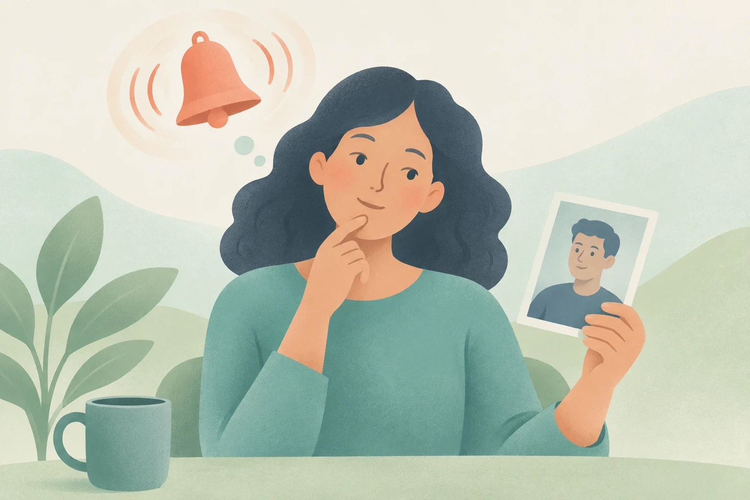 An illustration of a thoughtful woman holding a photo of a man, with a ringing bell in a thought bubble above her.