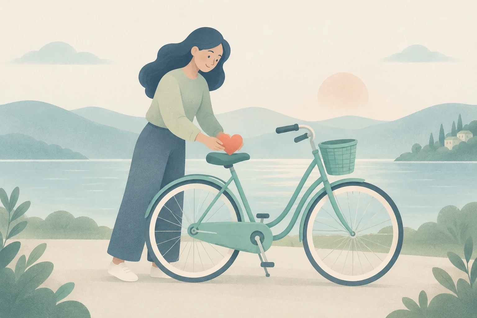 A woman places an orange heart on the saddle of a mint-green bicycle beside a lake, with soft hills and a pale sun in the background.