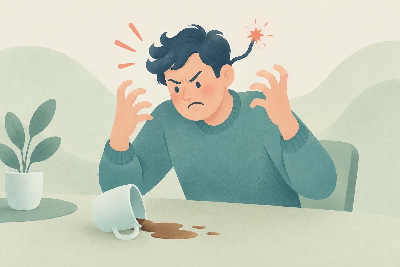 An editorial illustration of an angry man in a green sweater at a desk reacting to a spilled coffee mug, with a lit fuse sparking from his hair.