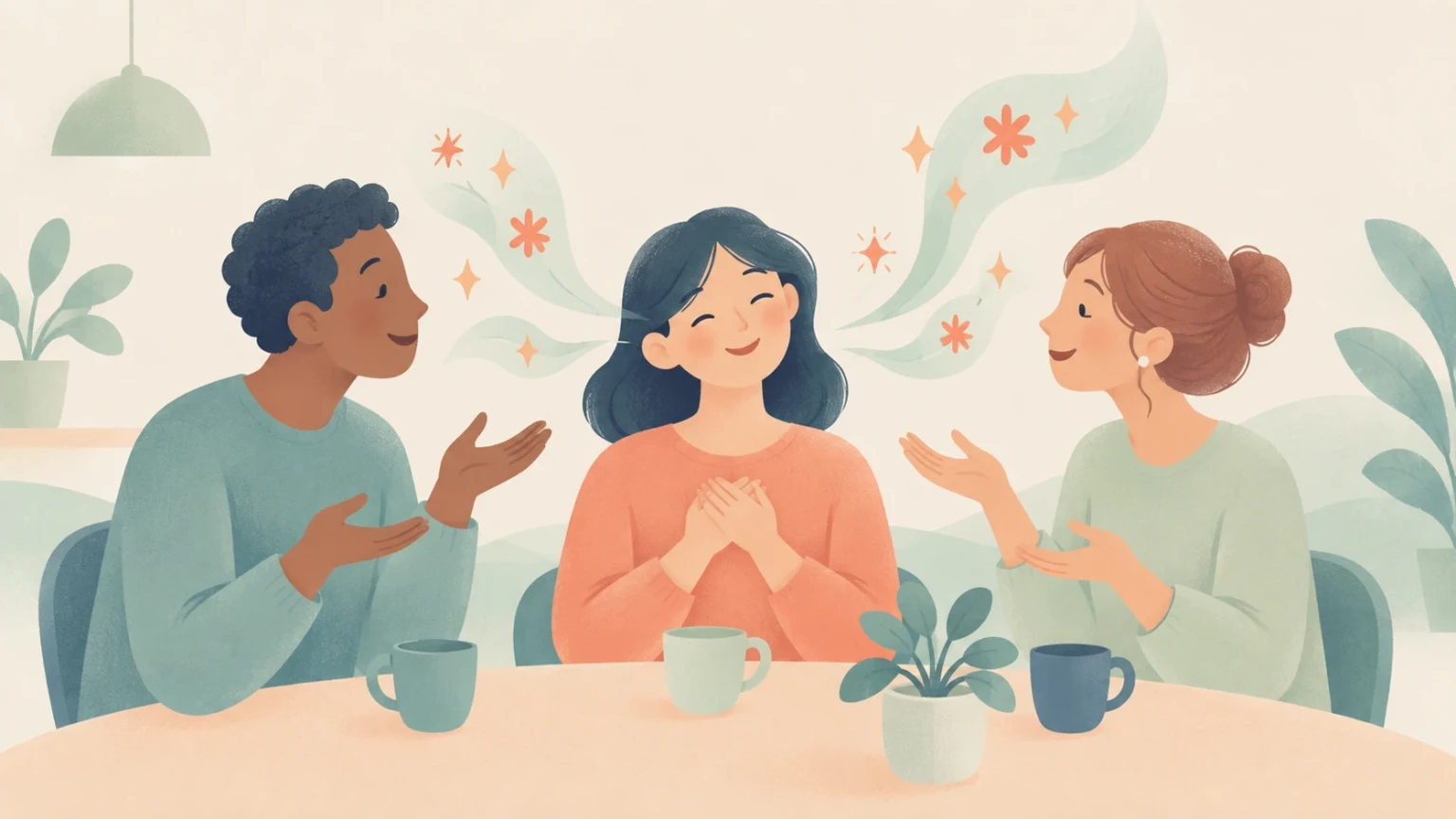Two smiling people gesture warmly toward a woman holding her hands over her heart as they sit together at a table with mugs and a plant.