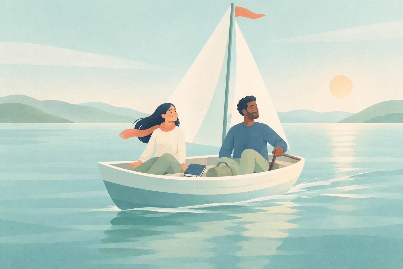 An editorial illustration of a man and woman sailing a small boat across calm water towards the sun.