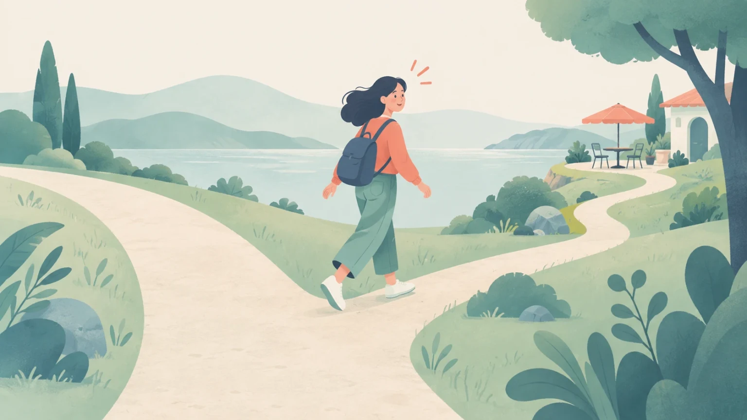 A backpacked woman turns toward a lakeside café at a fork in a winding path, with coral accent marks suggesting a sudden idea.