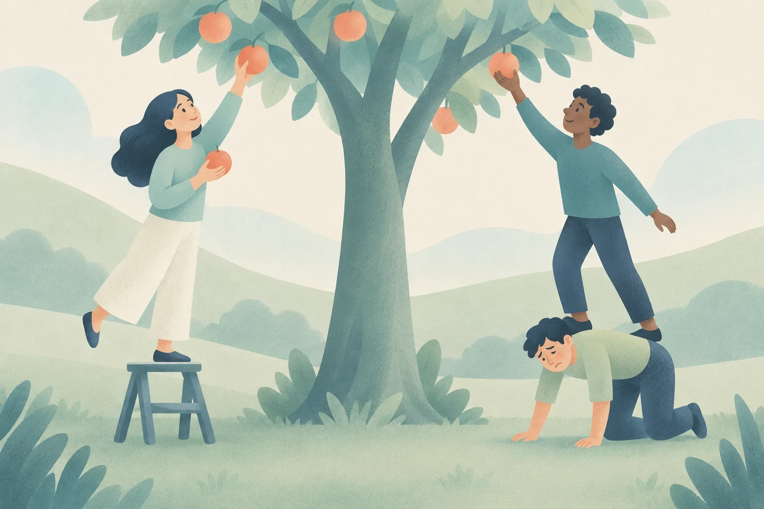 An editorial illustration of people picking fruit from a tree, comparing using a stool with stepping on someone's back.