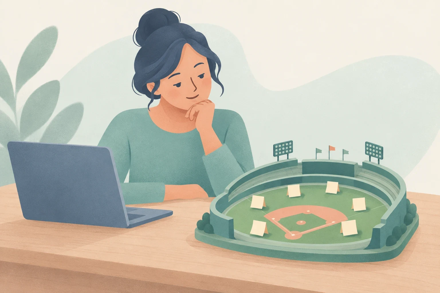 A thoughtful woman sits at a laptop beside a miniature baseball stadium with blank notes arranged around the field.