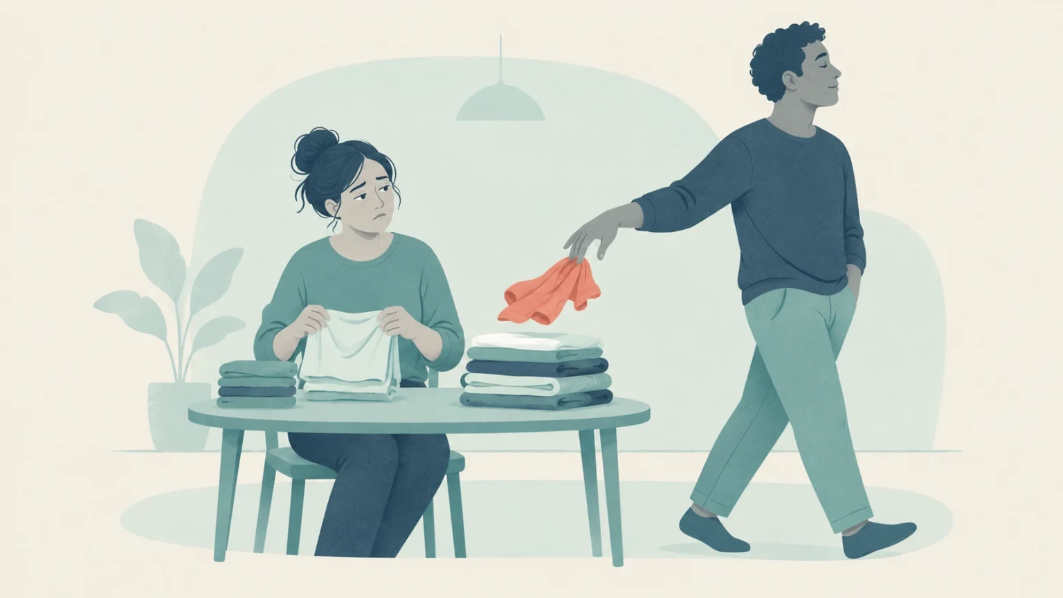 A seated woman folds laundry with a concerned expression as a man walks past, dropping another garment toward the pile without looking at her.
