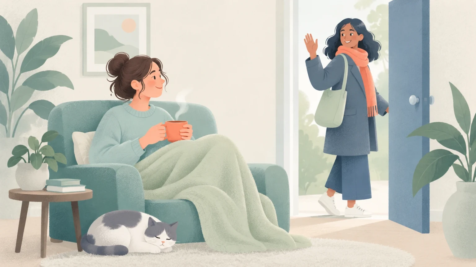 A woman rests in an armchair with a blanket and steaming mug while a friend waves goodbye from the doorway. A cat sleeps beside the chair.