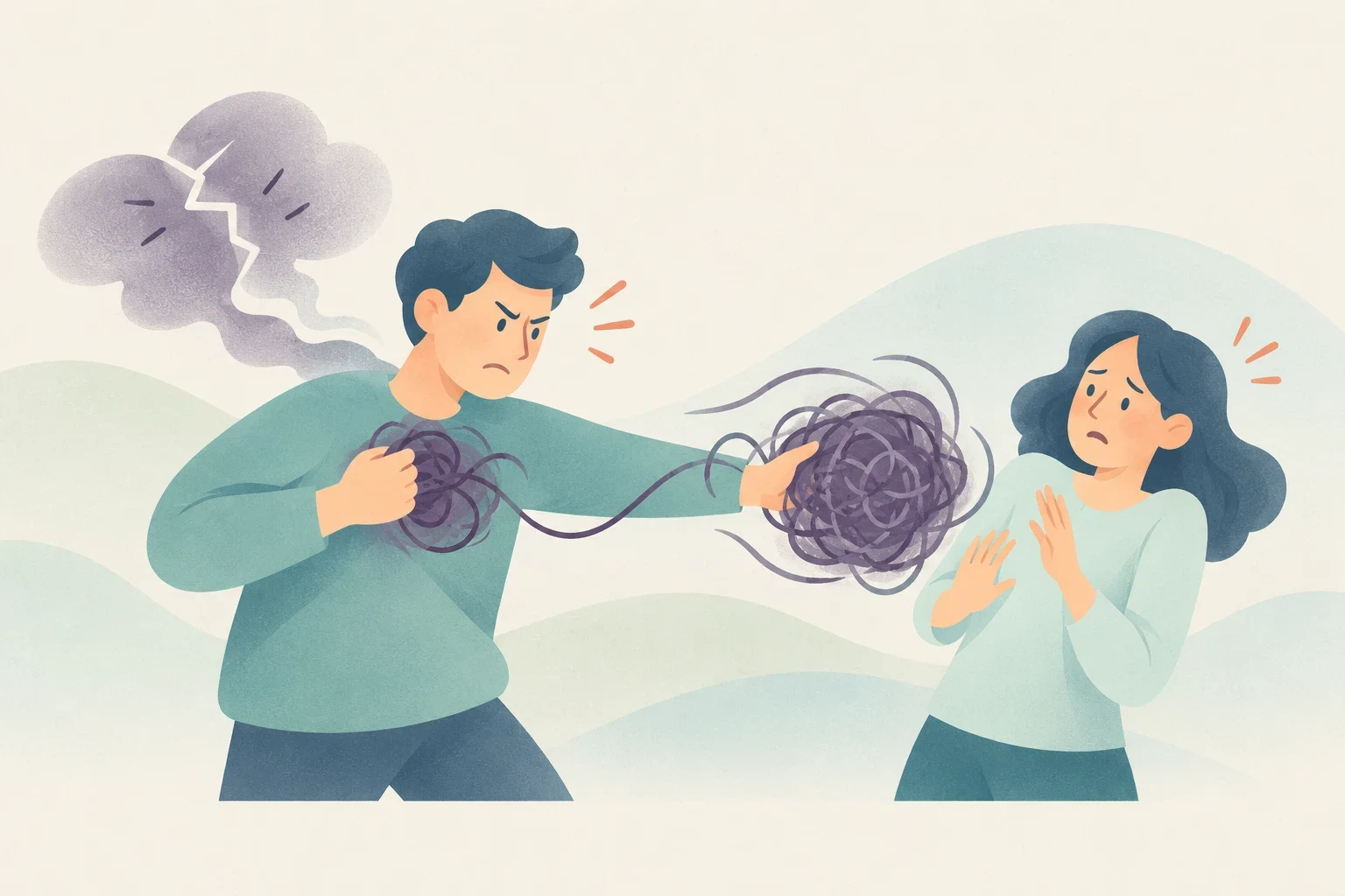 An editorial illustration of an angry man pulling a tangled knot of stress from his chest and projecting it toward a startled woman holding her hands up defensively.