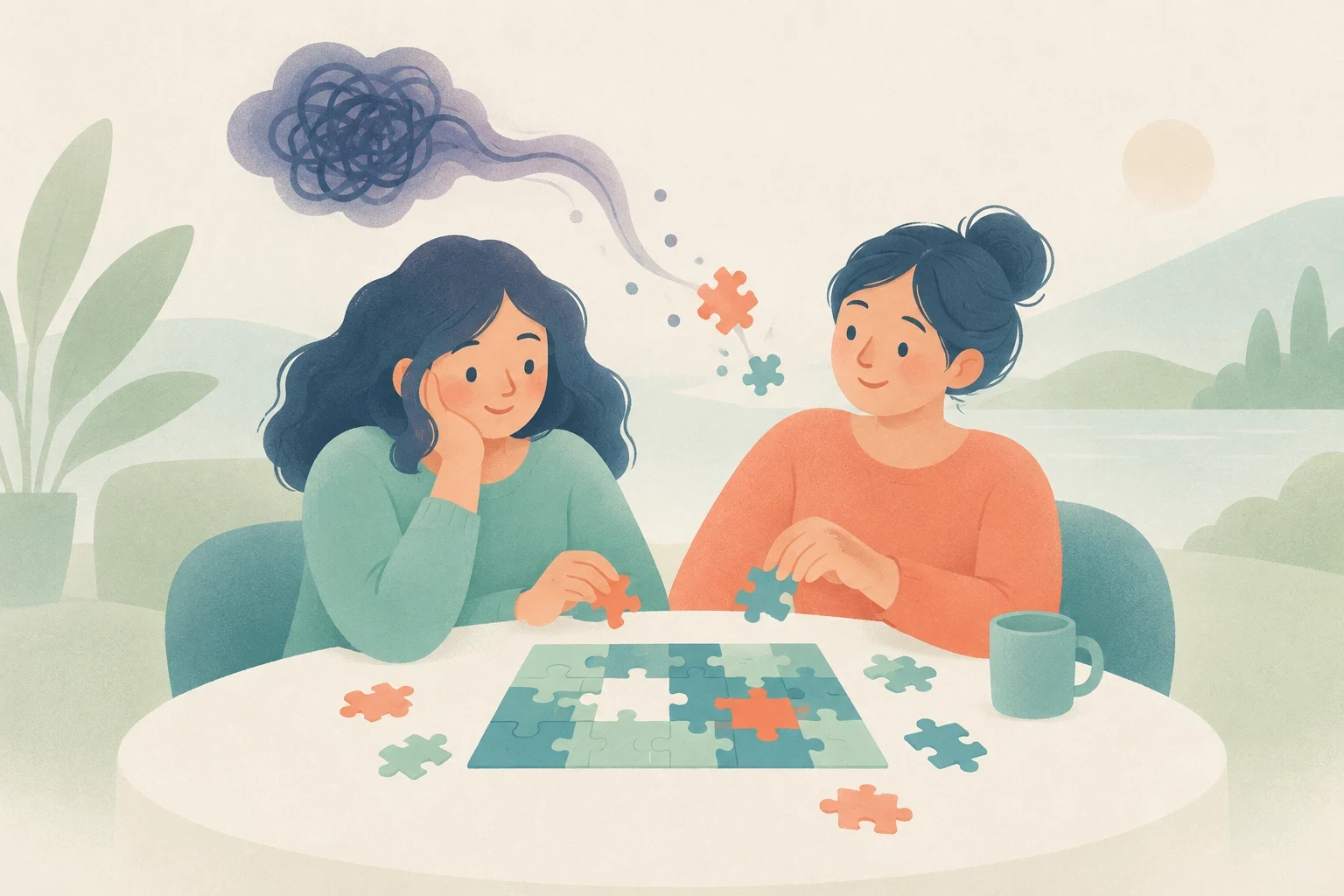 Two women assemble a jigsaw puzzle at a table as a tangled cloud of worry dissolves into puzzle pieces.