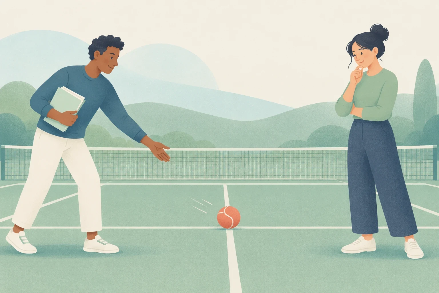 A man holding folders gestures toward a tennis ball on a woman's side of the court as she considers her next move.